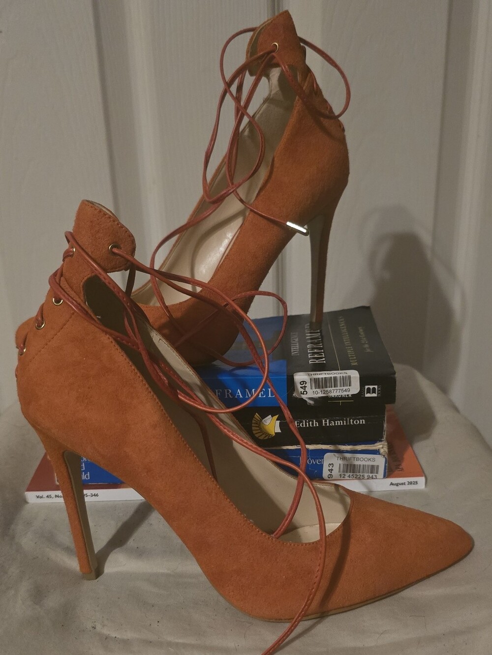 Nine West Size 7.5 Burnt Orange Leather Lace Up Pointed Toe Stiletto Heels